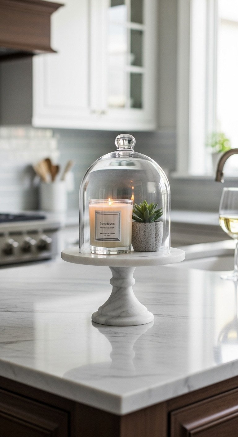 Kitchen Island Decor Secrets For Style And Function 9 Elegant kitchen decor featuring a white marble cake stand with a glass cloche covering a candle and a small succulent.