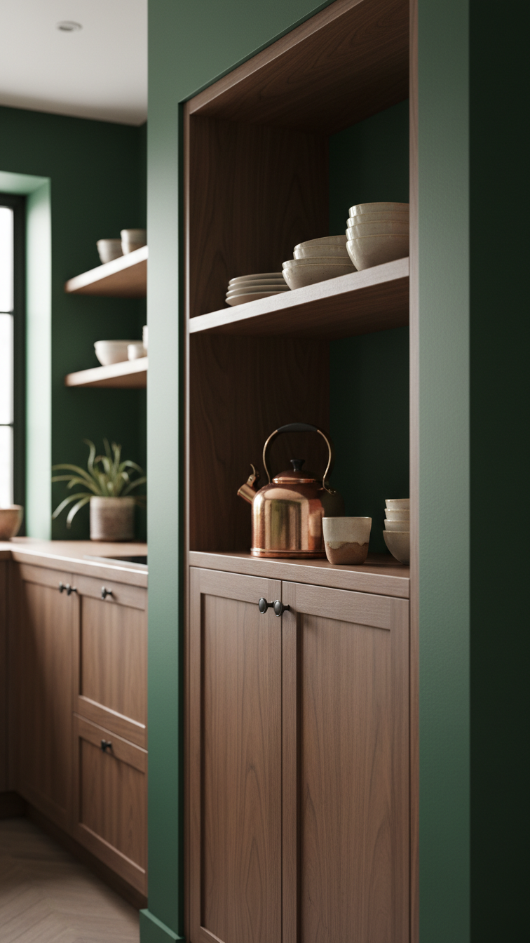 Elegant kitchen: deep forest green wall contrasts mahogany wood cabinets. Copper kettle, white ceramics on shelf, bright daylight.