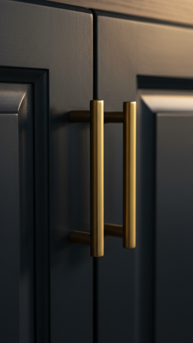 Elegant kitchen design: dark navy shaker cabinet featuring a prominent, glowing solid brass pull handle, highlighting hardware details.