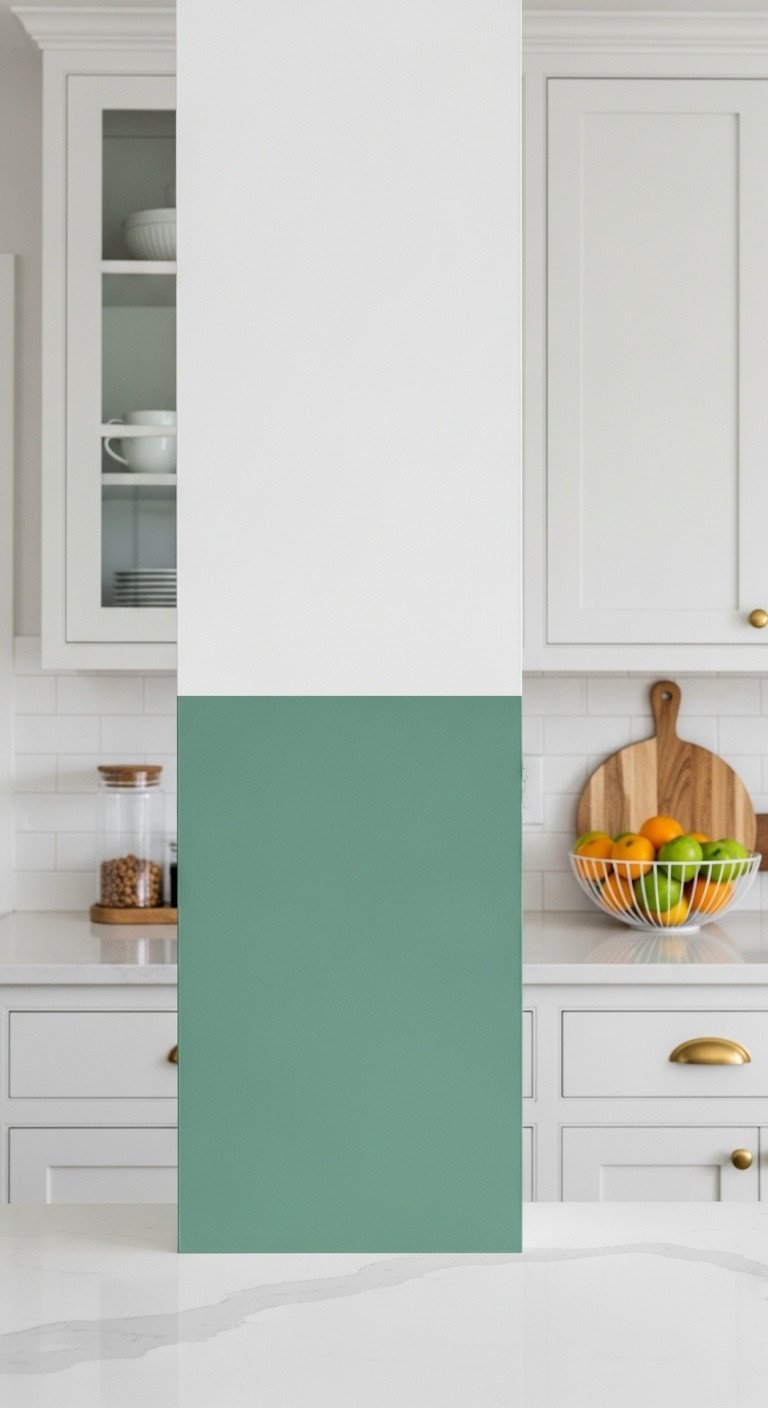 Elegant kitchen detail: moss green wall, white cabinet, brushed brass pull, matching faucet, gold-rimmed glassware.