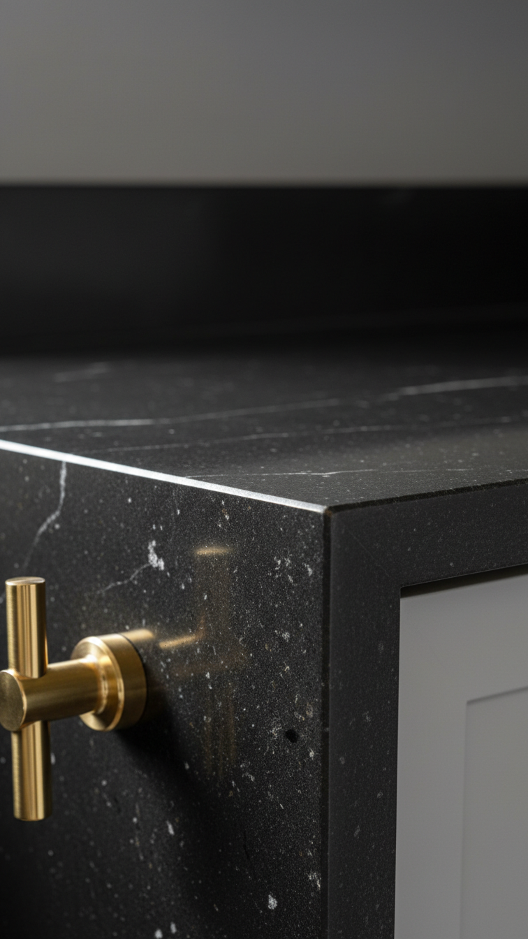 Elegant kitchen features thick honed black granite countertop with subtle white veining and modern brass hardware accents.