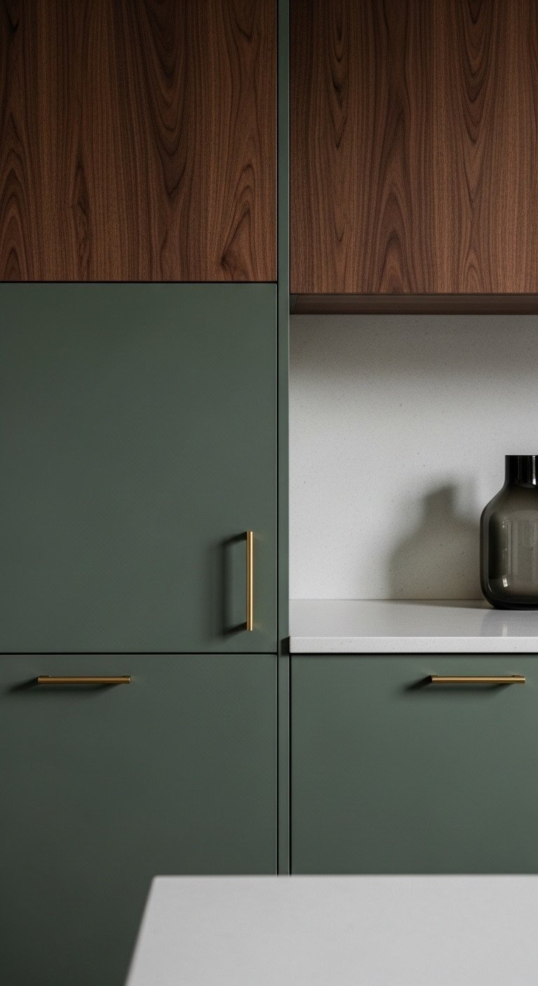 Elegant kitchen featuring dark sage green flat-panel lower cabinets, rich walnut upper cabinets, white counter, and brass handles.