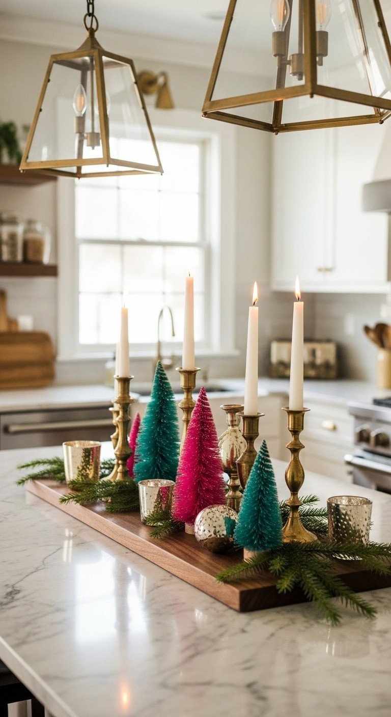 Elegant kitchen island centerpiece: brass, ceramic candlesticks, magenta/teal bottle brush trees, vintage ornaments on dark wood board.