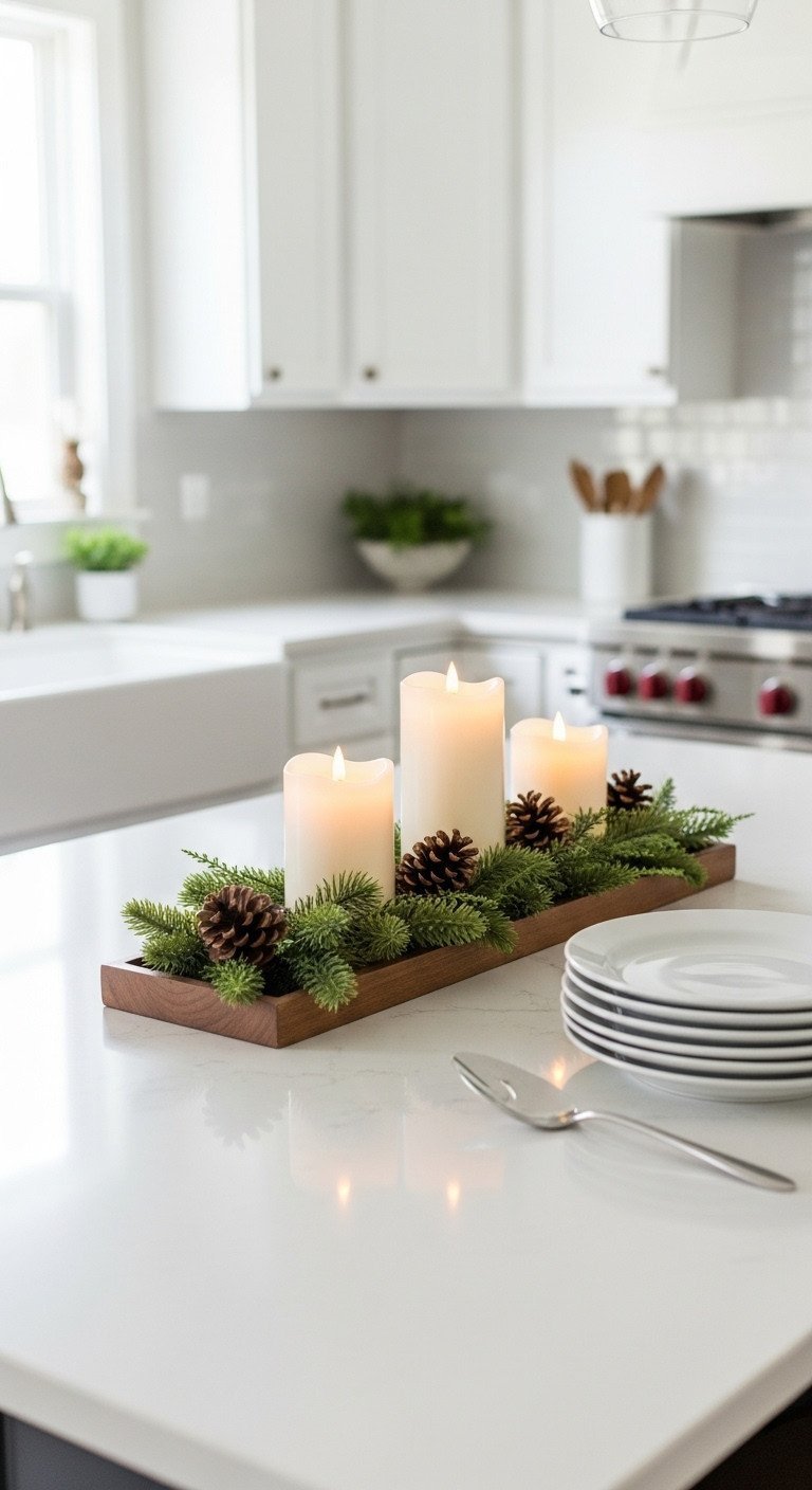 Elegant kitchen island centerpiece with wooden tray, white LED pillar candles, faux pine, pinecones on white quartz.