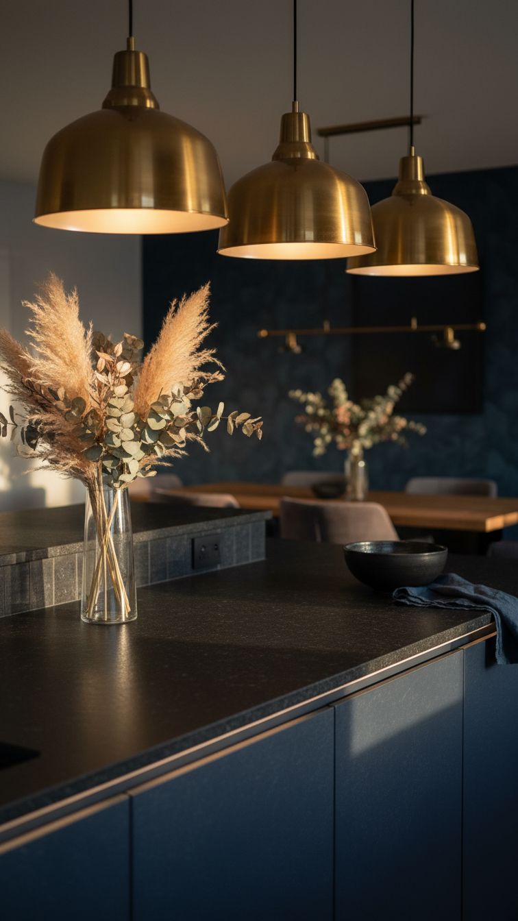 Elegant kitchen island featuring three large brass pendant lights, warm golden glow, dark countertops, and dried florals.