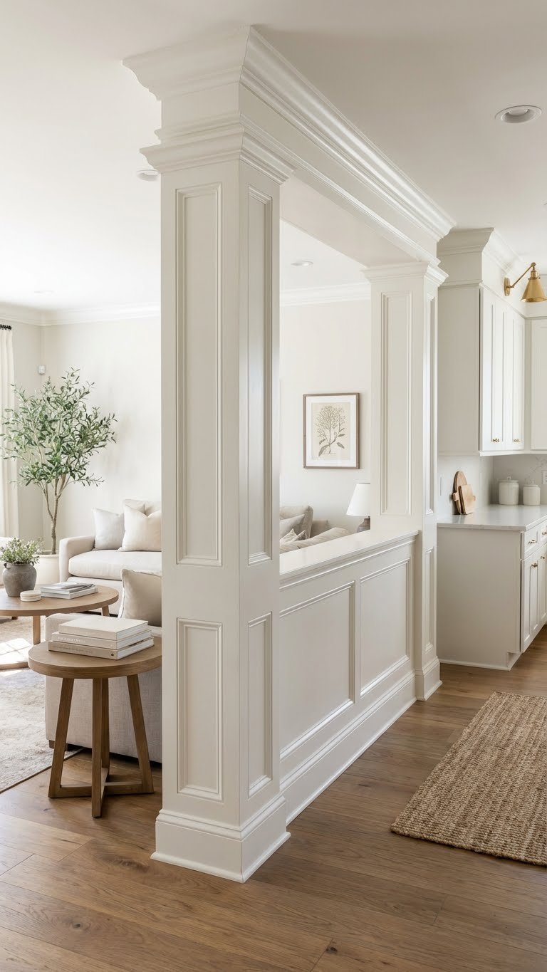 Elegant kitchen-living room half wall with wainscoted columns. Timeless open concept design, hardwood floor, defining entry. Bright daylight.