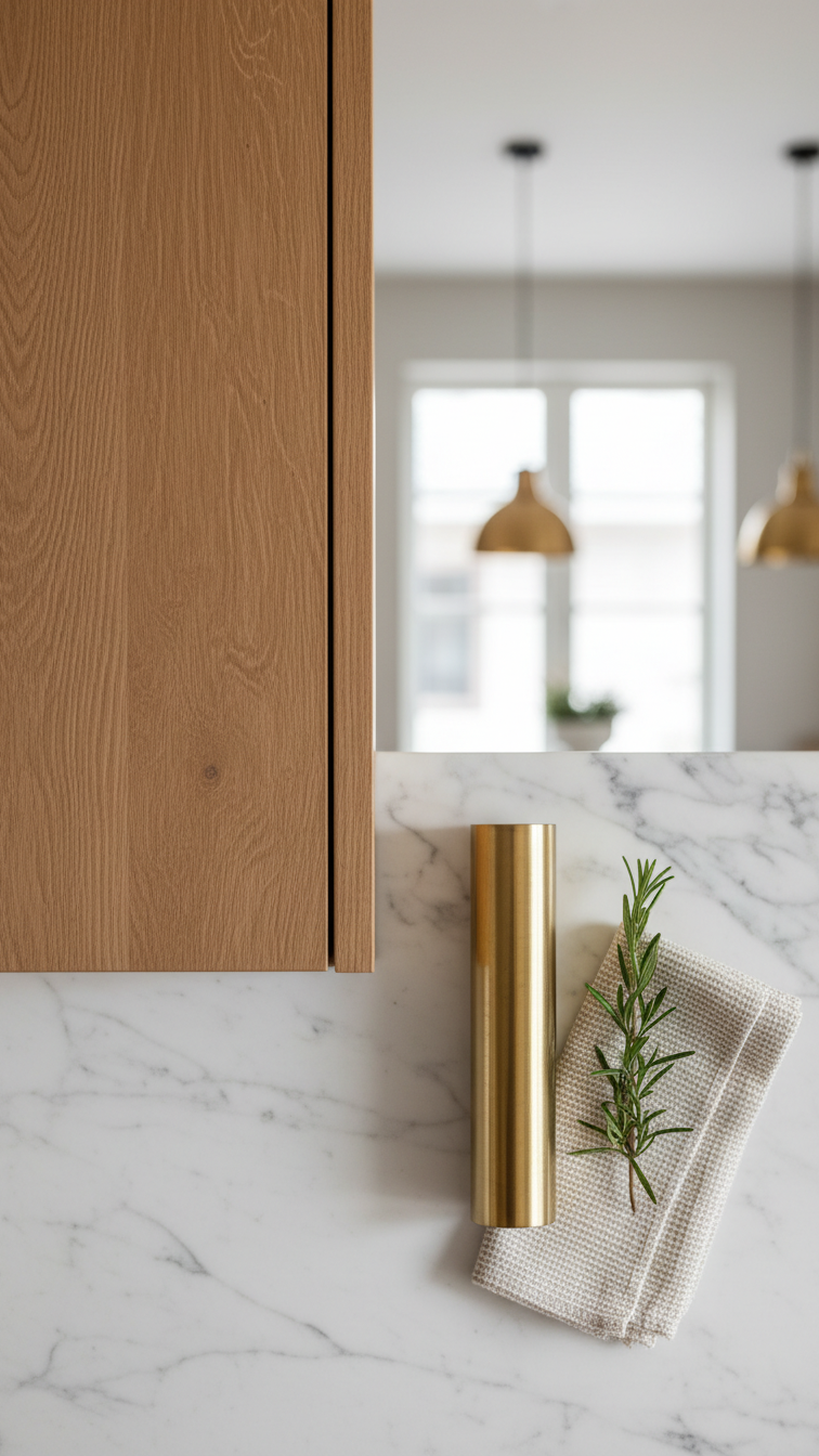 Elegant kitchen material flat lay: warm timber cabinetry, white marble countertop, and a delicate brass accent piece.