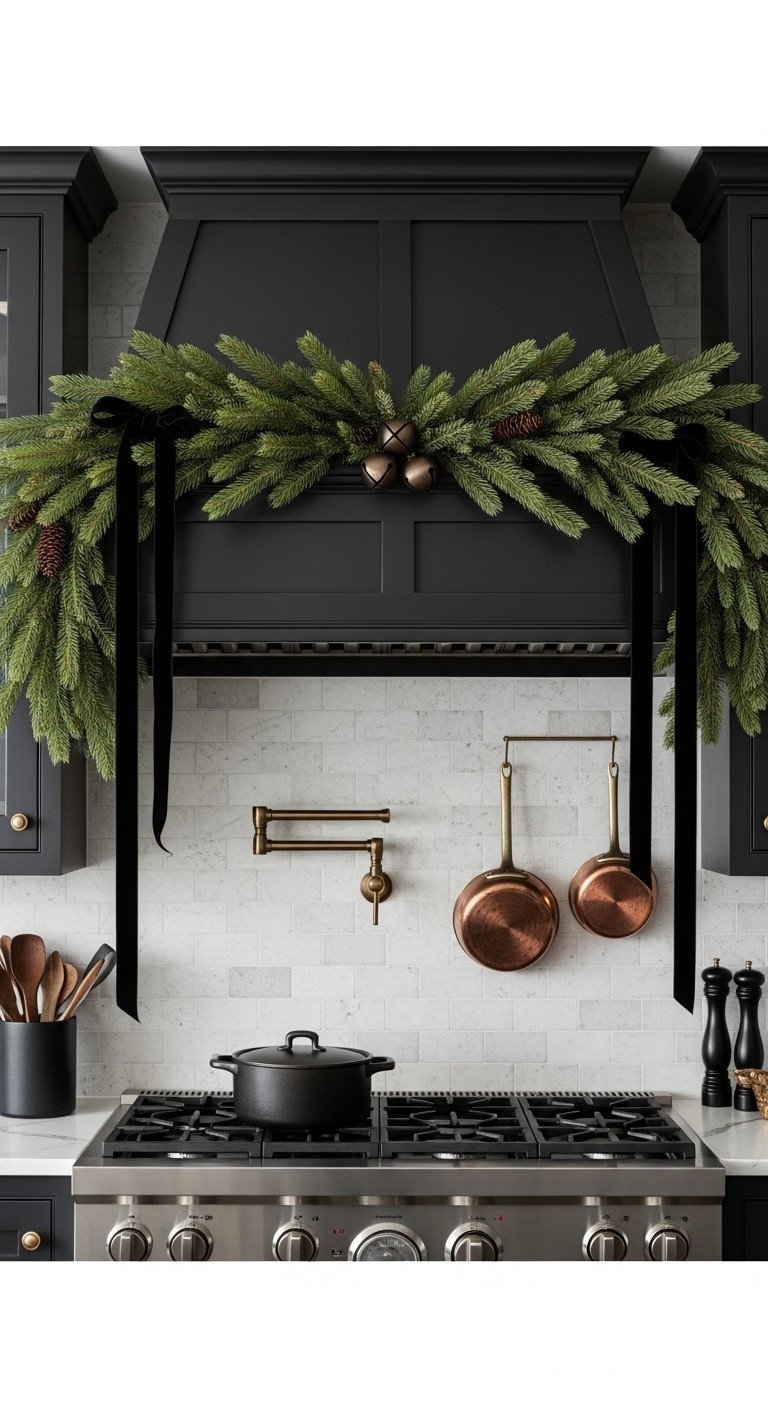 Elegant kitchen stove hood with dense dark green pine garland, matte bronze bells, black velvet ribbon, copper cookware.