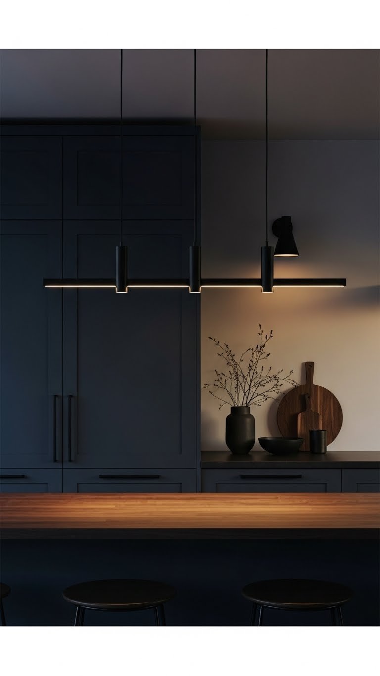 Elegant kitchen: three black linear pendant lights over dark wood island, walnut butcher block, and deep navy cabinetry.