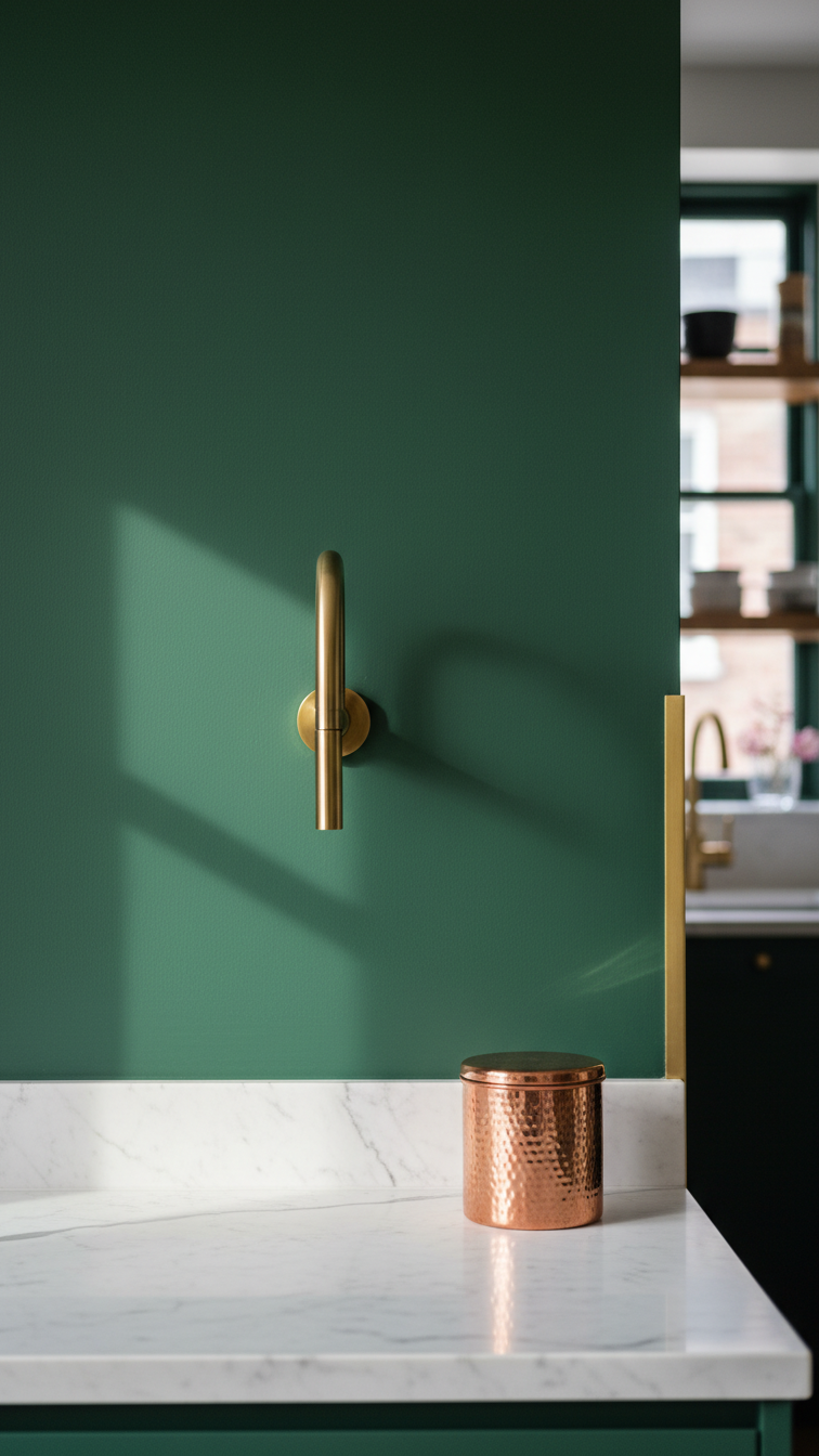 Elegant kitchen wall featuring deep forest green matte paint, subtle texture, white marble countertop, and a sleek brass faucet detail.