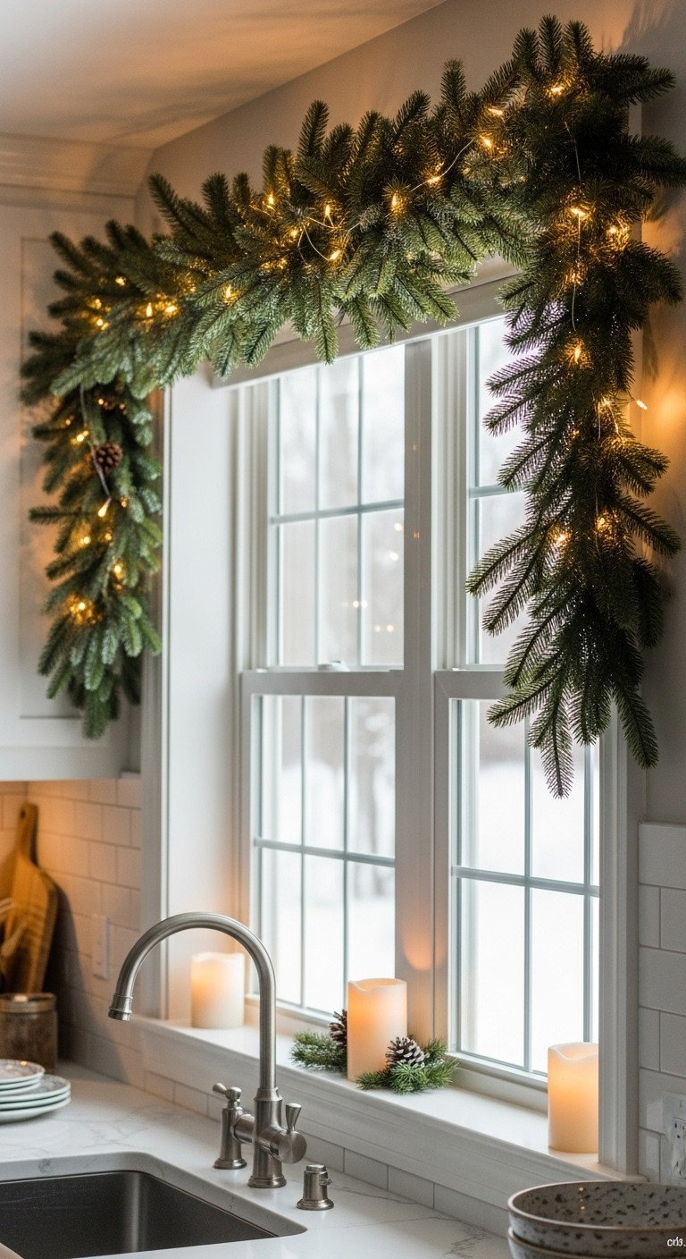 Elegant kitchen window with faux pine garland, warm LED lights, snowy view, and battery candles. Festive holiday decor.