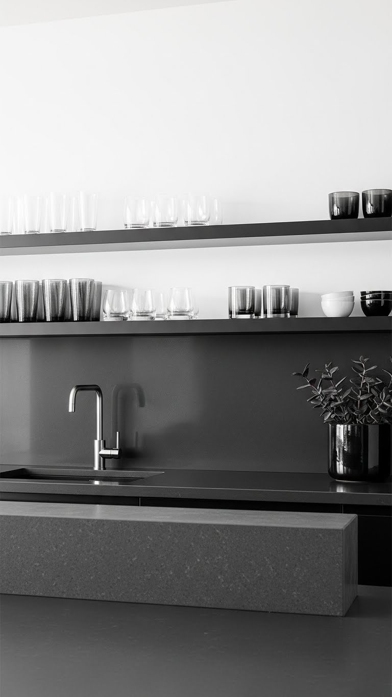 Elegant kitchen with dark gray quartz slab backsplash, minimalist gooseneck faucet, open shelving, and succulent on matching quartz countertop.