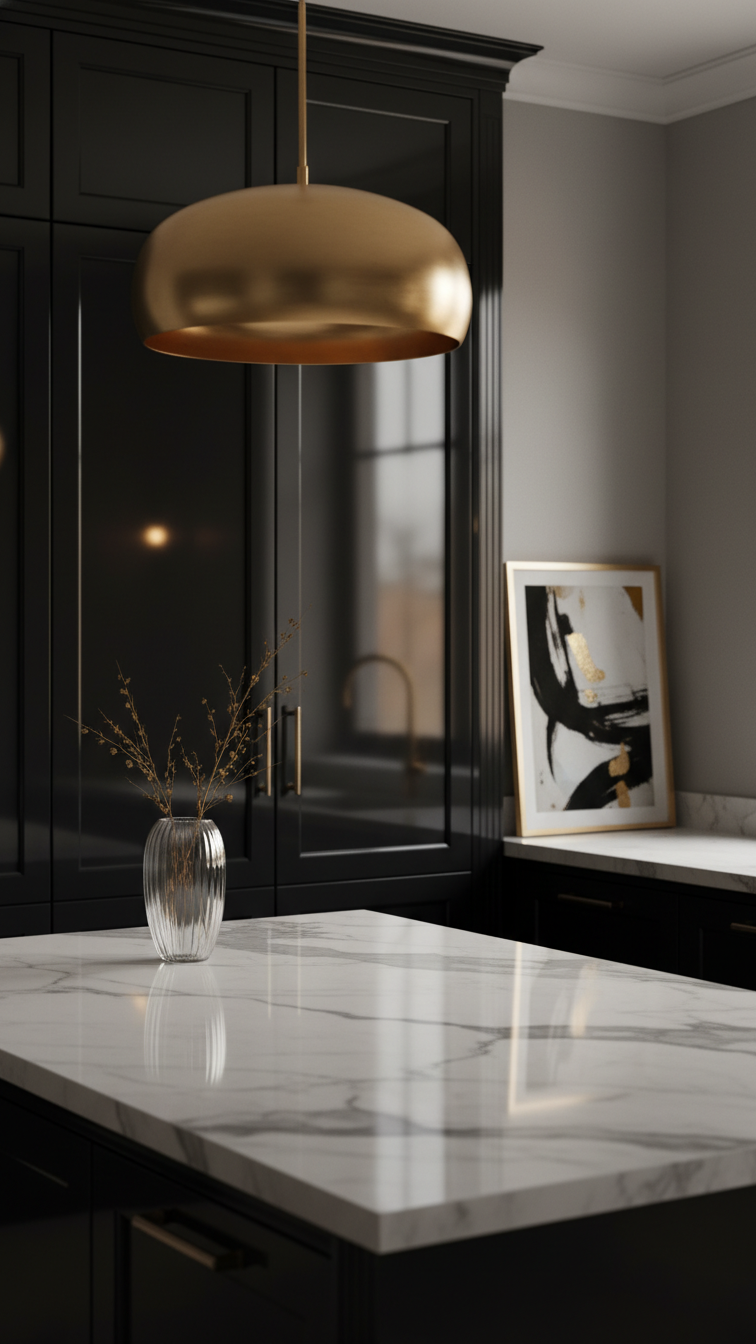 Elegant kitchen with glossy black cabinets reflecting light from an oversized gold pendant over a white marble island.