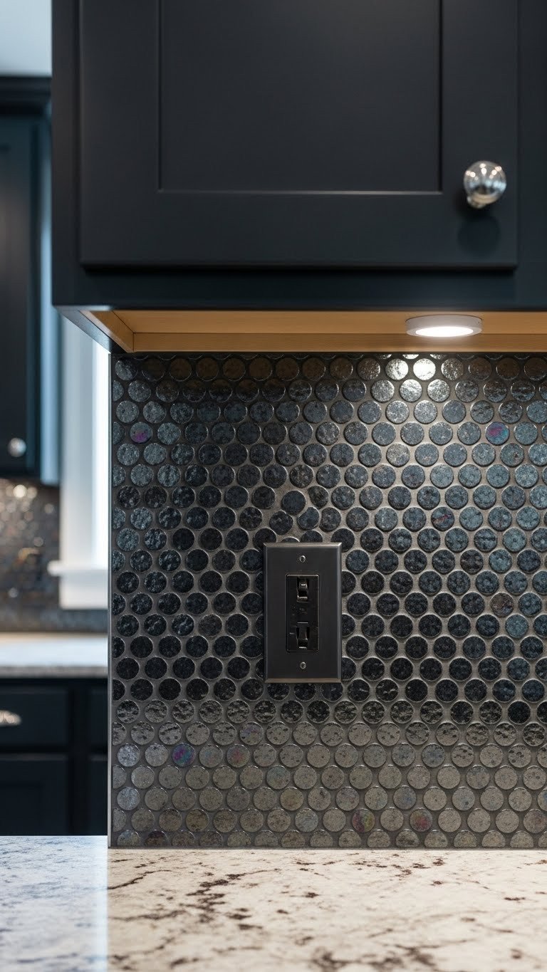 Elegant kitchen with iridescent black penny tile backsplash, subtle shimmer, catching light, above a light granite countertop.