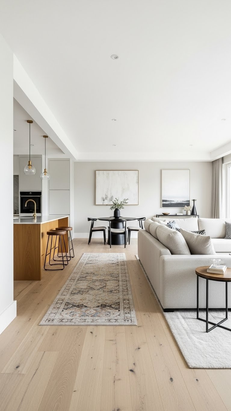 Elegant long open kitchen, dining, living. Runner rug, sectional, light wood. Warm creams, charcoal grays. Sophisticated flow.