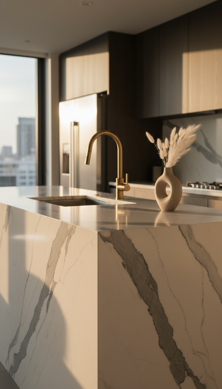 Elegant luxury kitchen featuring a stunning waterfall marble countertop, book-matched veining backsplash, and minimalist brass faucet under warm light.