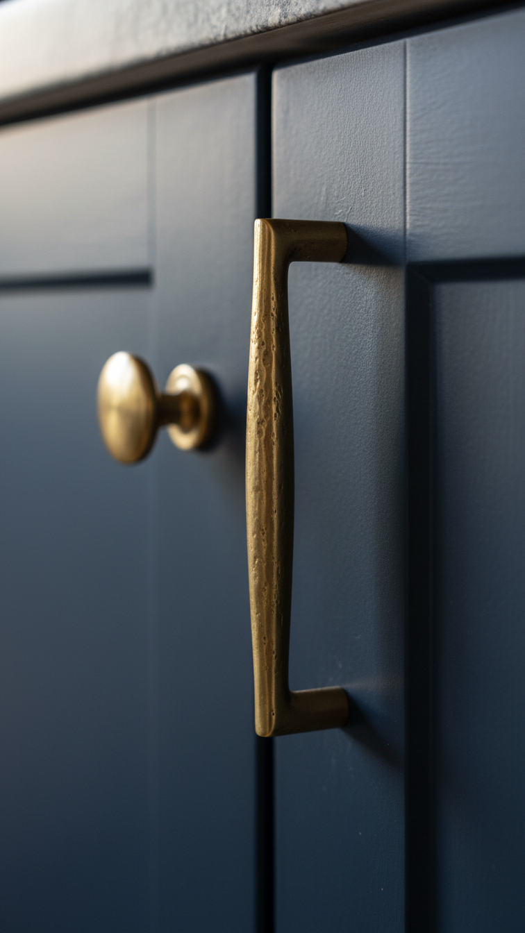 Elegant matte black kitchen cabinets with oversized textured brass hardware, long pulls, and matching knobs reflecting warm light.