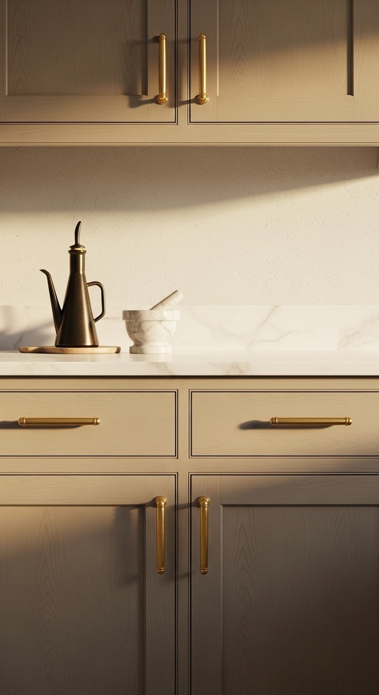 Elegant mid-tone taupe kitchen cabinets with subtle wood grain, glowing unlacquered brass hardware, and white countertop. Quiet luxury style.