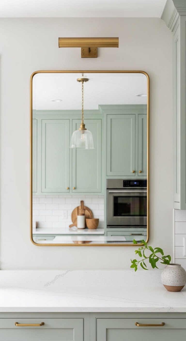 13 Decor Secrets To Make Your Dark Kitchen Feel Brighter 1 Elegant mirror with a thin brass frame on a sage green kitchen wall above a white quartz counter with a small ceramic vase.