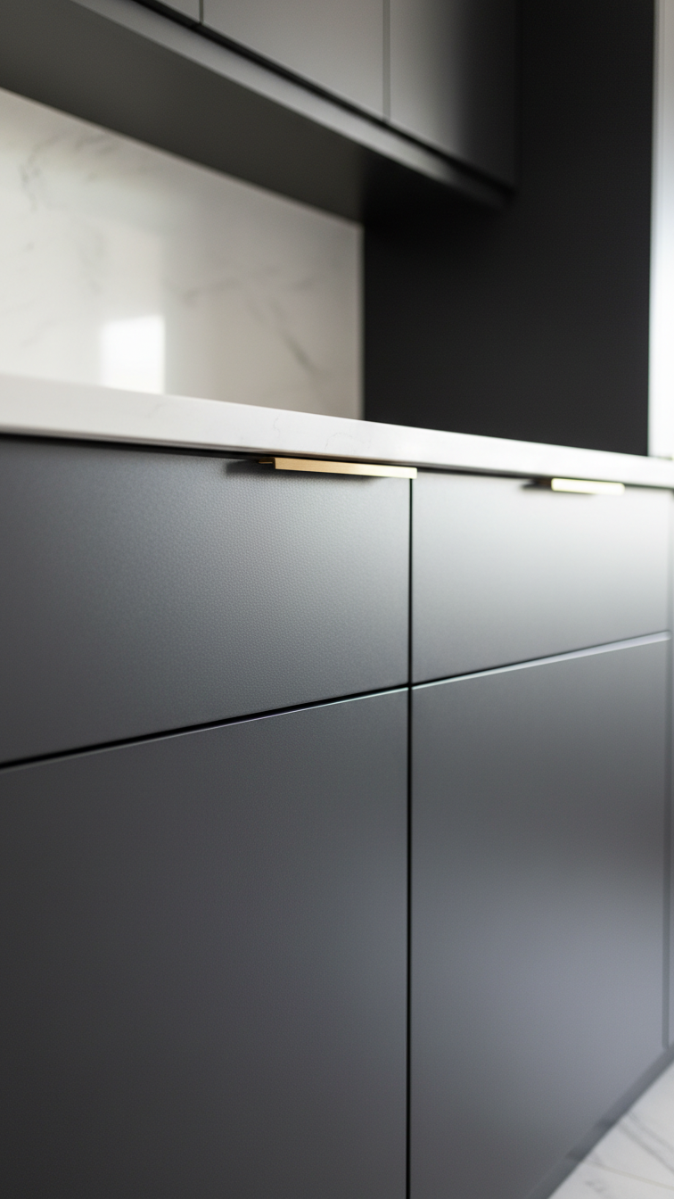 Elegant modern butler's pantry highlighting charcoal matte lacquer cabinetry, white quartz countertop, and brass hardware. Luxury kitchen design.