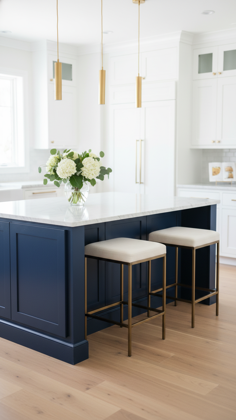 Elegant modern kitchen design with a striking deep navy island, gold pendant lights, fresh flowers, and crisp white.