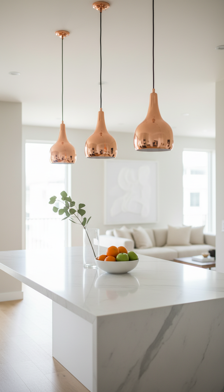 Elegant modern kitchen island with three minimalist copper pendant lamps providing stylish lighting over a clean white counter.