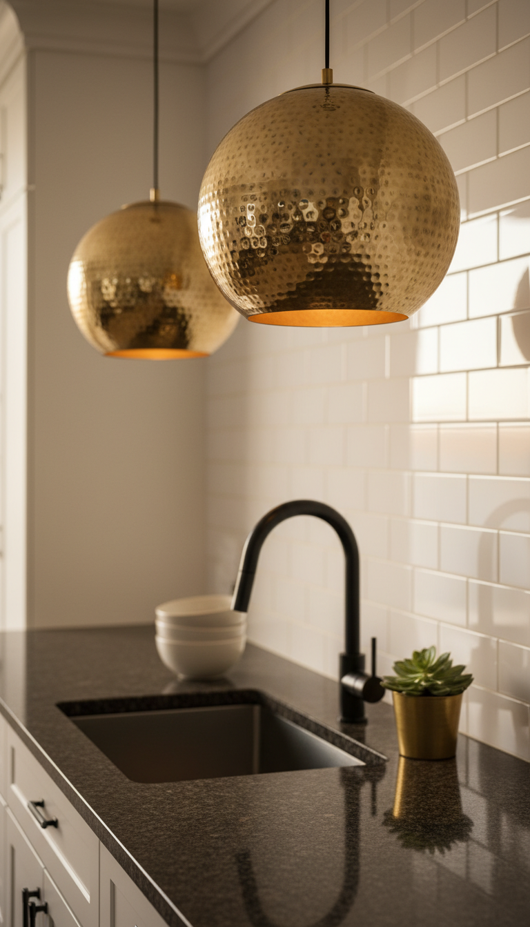 Elegant modern kitchen: large metallic globe pendants over dark granite. Hammered copper texture, warm brass tones, luxurious lighting.
