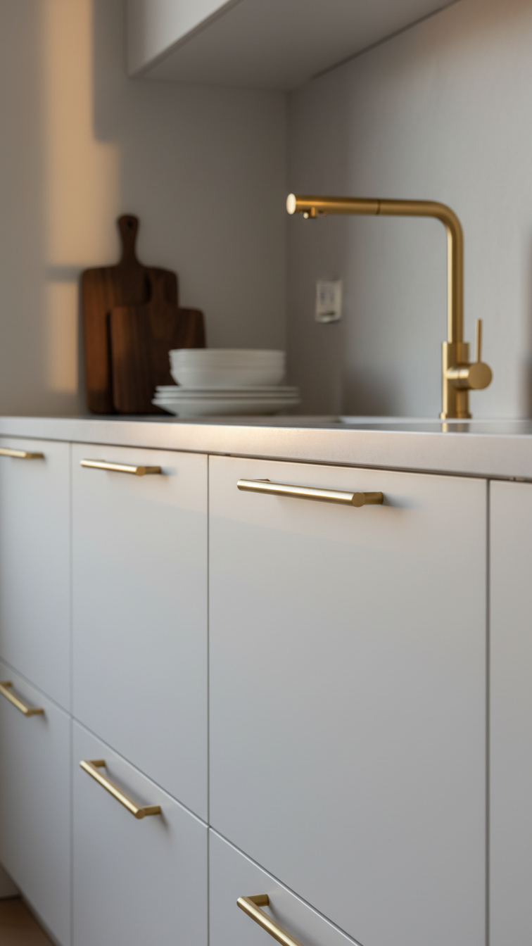 Elegant modern kitchen: light gray cabinets, brushed brass hardware, brass faucet, wood cutting board, white plates.