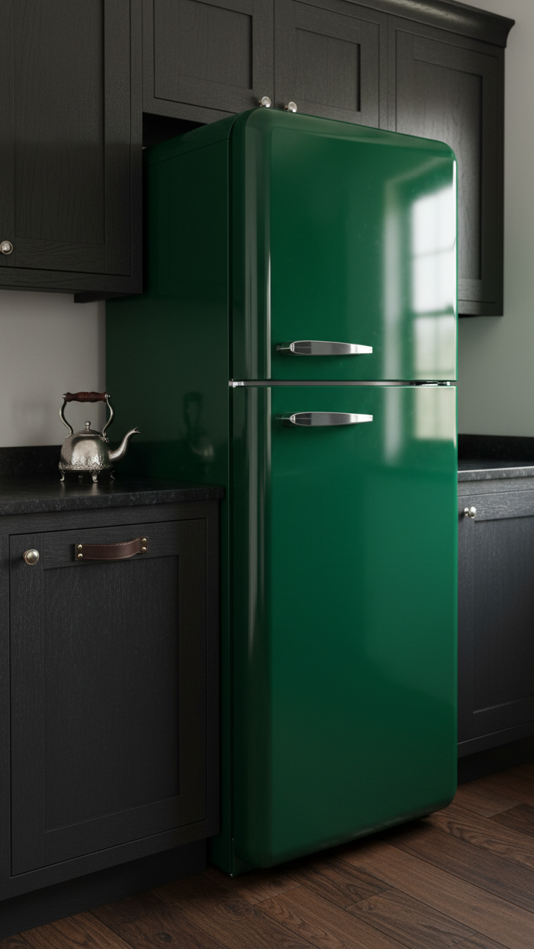 Elegant moody kitchen: bold retro-style emerald refrigerator with a glossy finish, contrasting deep painted matte cabinetry.