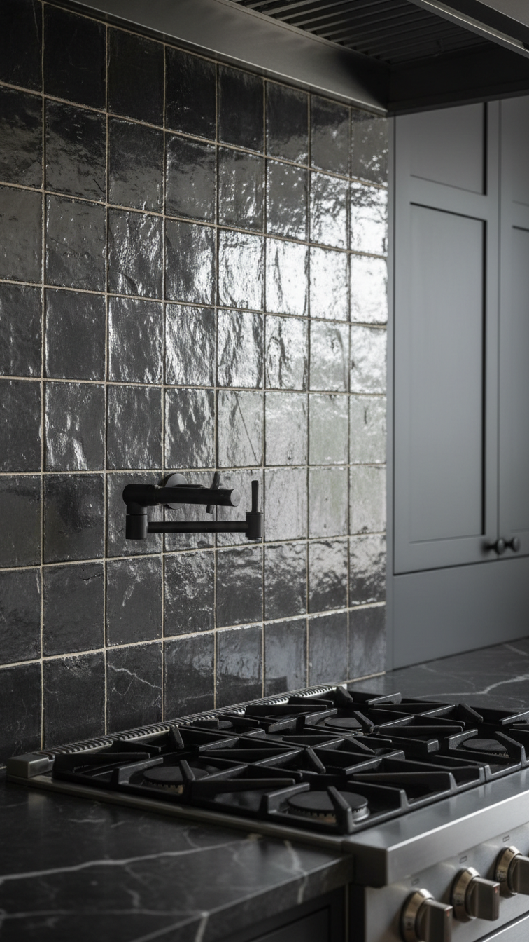 Elegant moody kitchen features a full-height dark charcoal zellige tile backsplash, gas range, and matte black pot filler.