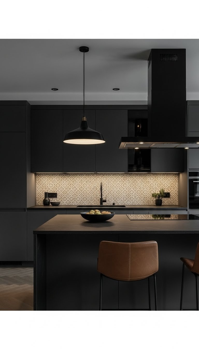 Elegant moody kitchen features layered ambient, task, and accent lighting. Sleek black island, steel hood, and leather barstool.