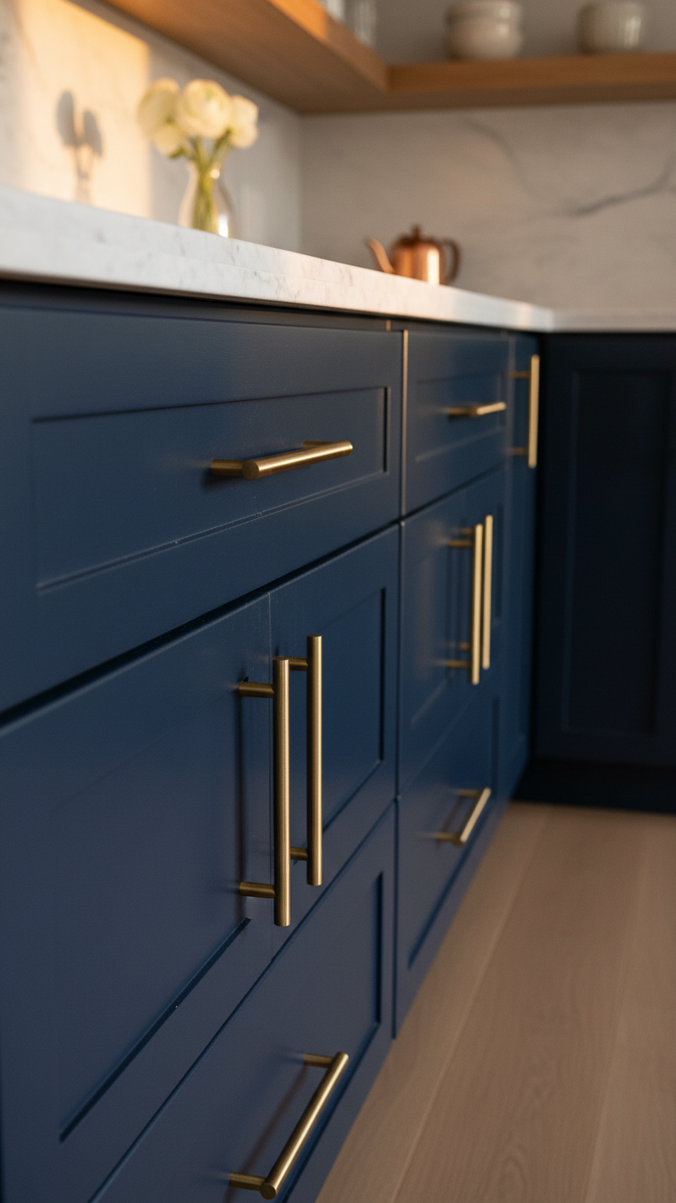 Elegant navy blue shaker kitchen cabinets with brass pulls, white marble countertop, and a copper teapot in warm golden light.