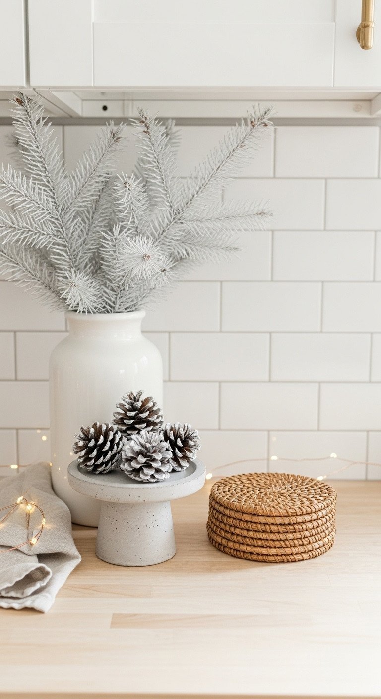 Elegant neutral Christmas kitchen vignette: white vase, bleached pine, silver pinecones, woven coasters on quartz.