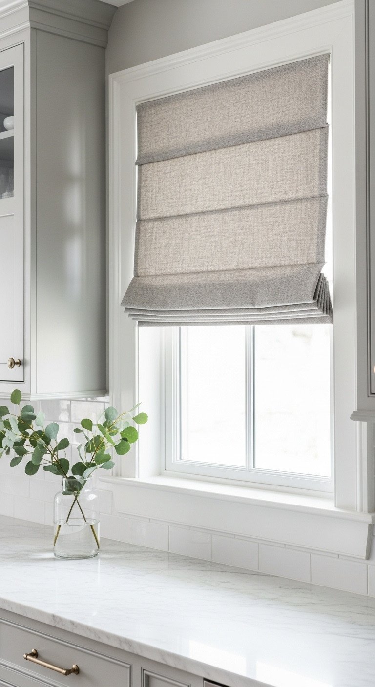 Elegant, neutral-toned textured Roman shade with neat folds in a transitional kitchen window above a marble countertop.