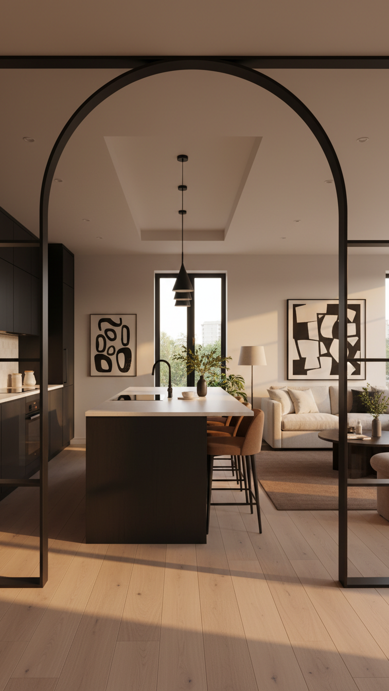 Elegant open concept kitchen flowing into living area through a dark archway, featuring a kitchen island and continuous wood floor.