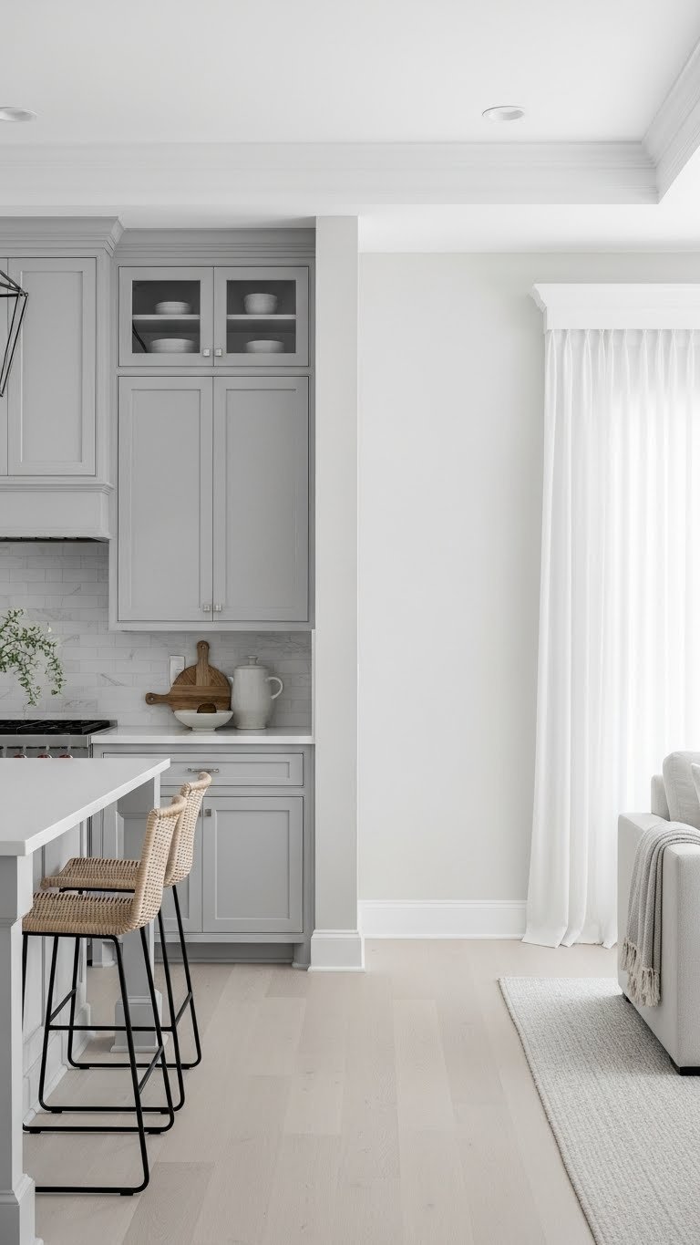 Elegant open concept living room and kitchen, monochromatic gray scheme, subtle paint transitions, and minimalist decor.