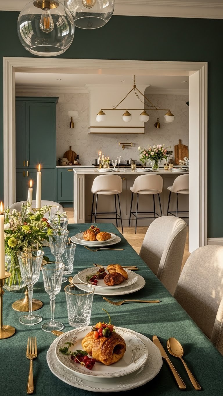 Elegant open kitchen, pass-through to formal dining table. Set for entertaining. Green, creams, metals.