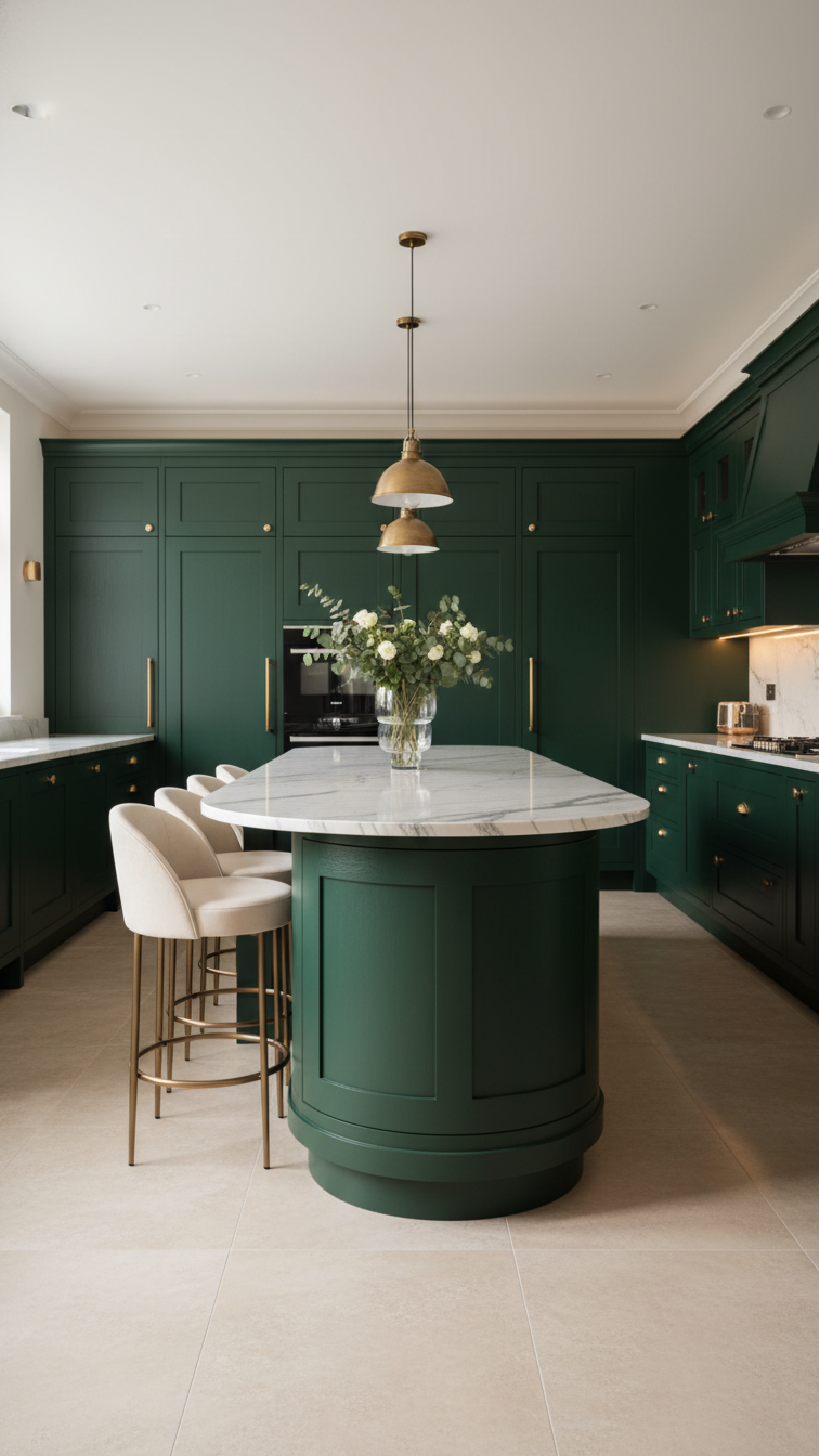 Elegant oversized kitchen island with a dark base, marble top, integrated seating, and minimalist counter stools.