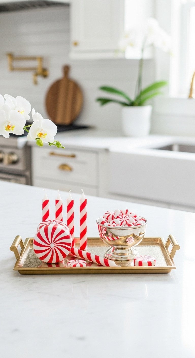Elegant peppermint Christmas decor: gold tray with striped candles, silver bowl of candies on white marble kitchen counter.
