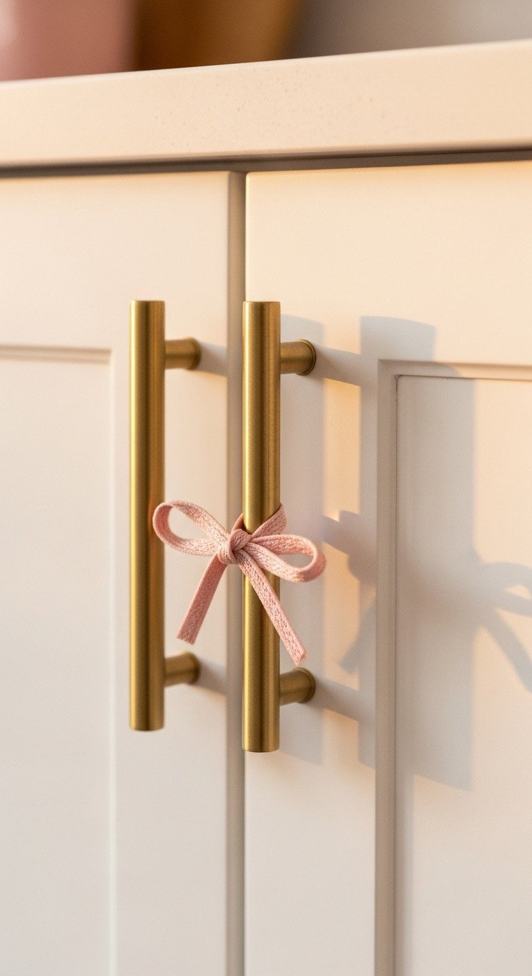 Elegant pink ribbon bow tied to a modern brass cabinet pull on a white kitchen cabinet, delicate hardware accent.
