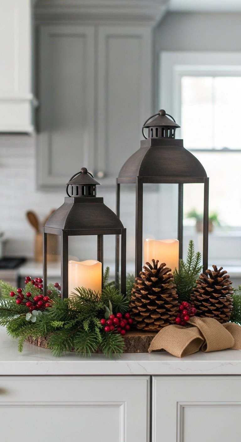 Elegant rustic metal lanterns with pillar candles, pinecones, and red berries accent light grey kitchen cabinets.