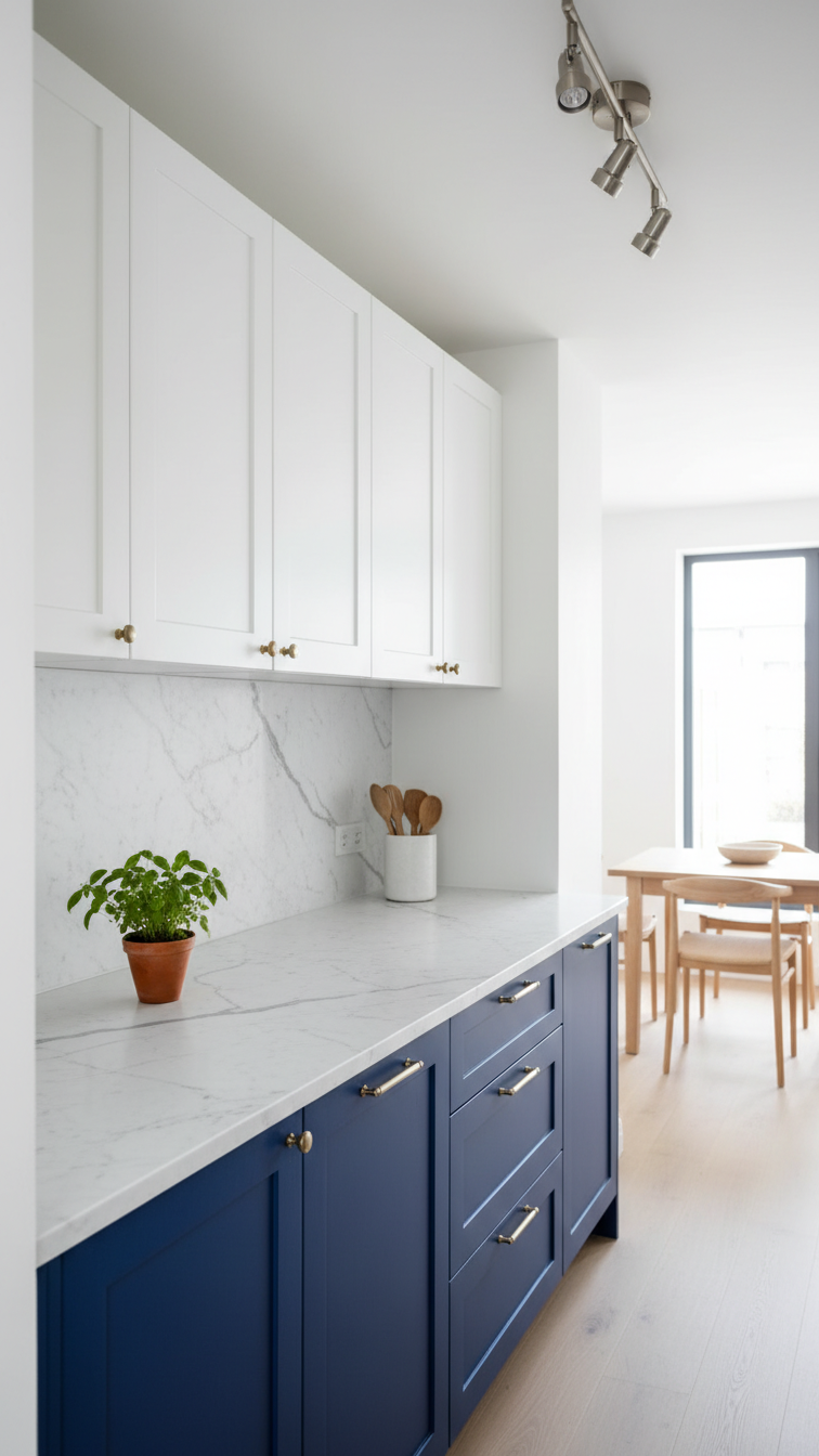 Elegant small galley kitchen with rich blue lower cabinets, white uppers, and a clean marble countertop, perfect for modern design.