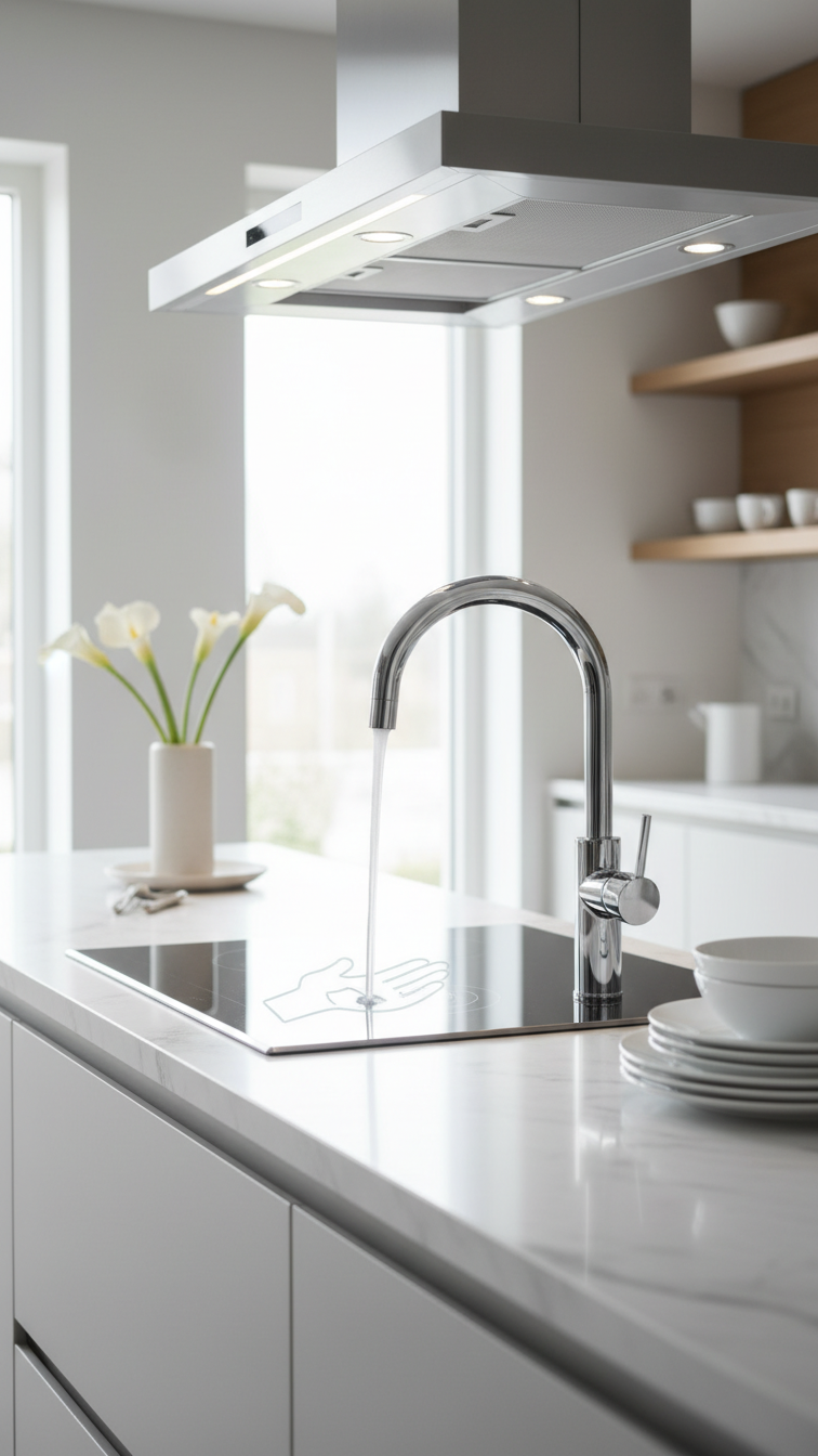 Elegant smart faucet automatically sensing hands & sleek smart ventilation hood over cooktop in modern kitchen. Whites, grays.