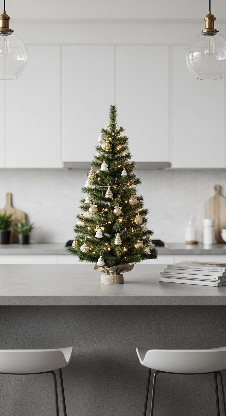 Elegant tabletop Christmas tree with gold and white ornaments and soft LED lights on a gray stone kitchen island.