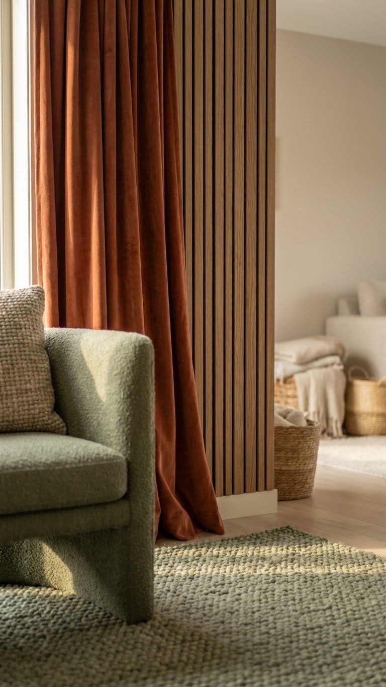 Elegant textured wall with wood slat acoustic paneling, velvet curtains, wool rug in open living room. Earthy terracotta & sage green.