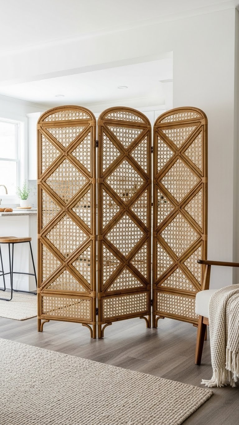 Elegant three-panel woven rattan folding screen as temporary kitchen living room partition, adding texture to the open space.