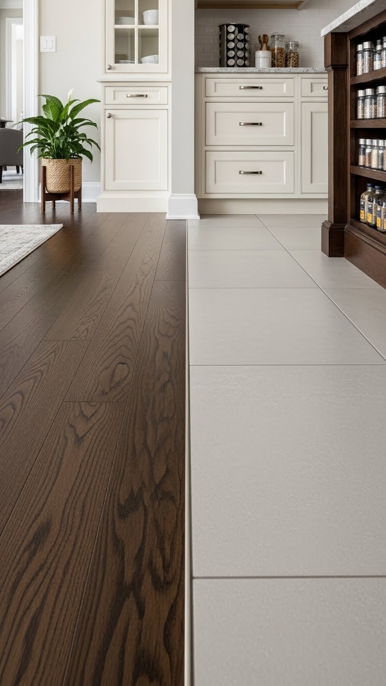 Elegant transition: dark hardwood flooring meets light gray porcelain tile with a metal strip in open kitchen living room design.