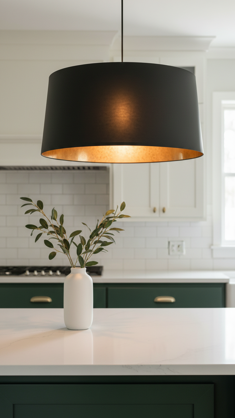 Elegant transitional kitchen with a large matte black drum pendant light, metallic interior, over white quartz island, green cabinets.