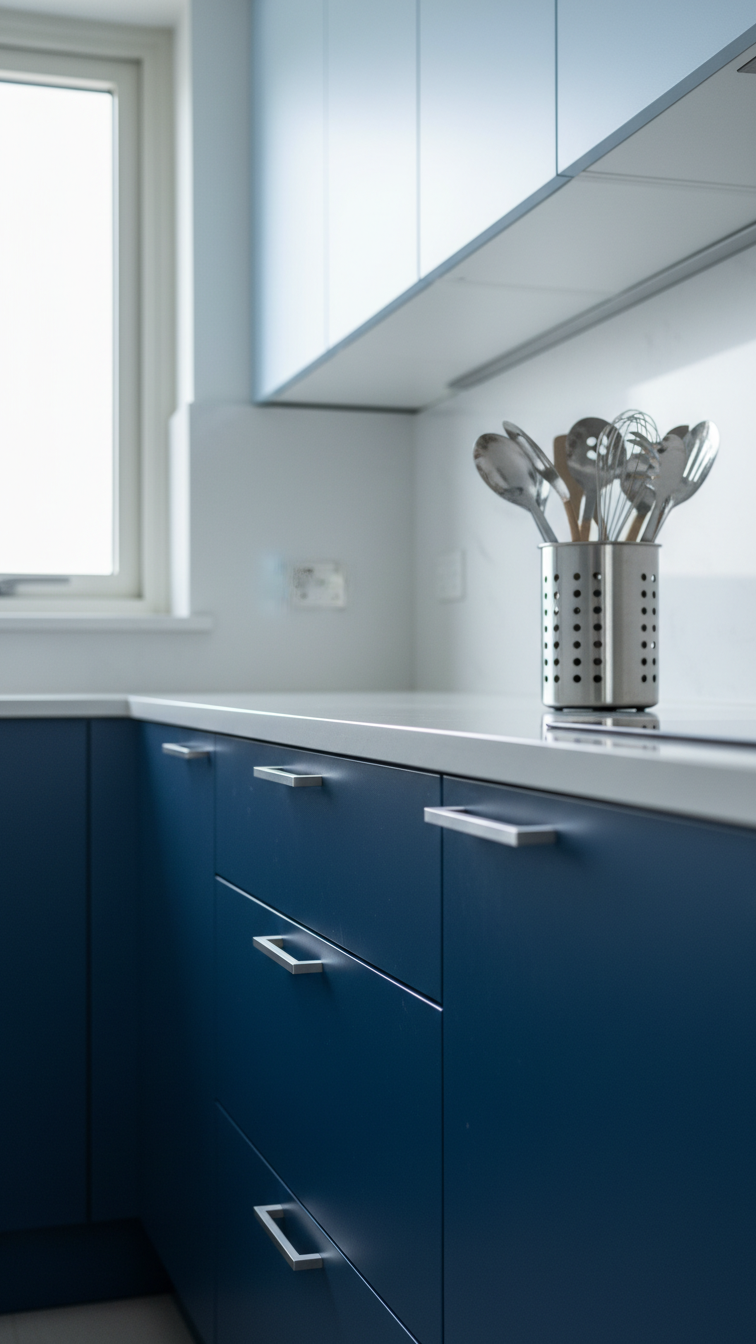 Elegant two-tone blue kitchen featuring sky blue upper, sapphire lower cabinets, white stone counter, and chrome hardware.