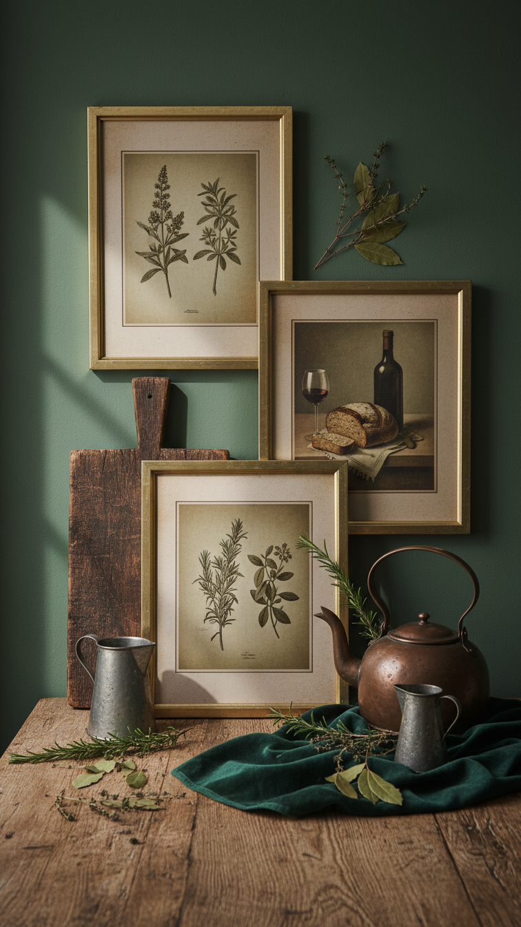Elegant vintage kitchen art (botanical prints) in aged brass frames, leaning on a deep green wall with rustic kitchen decor.